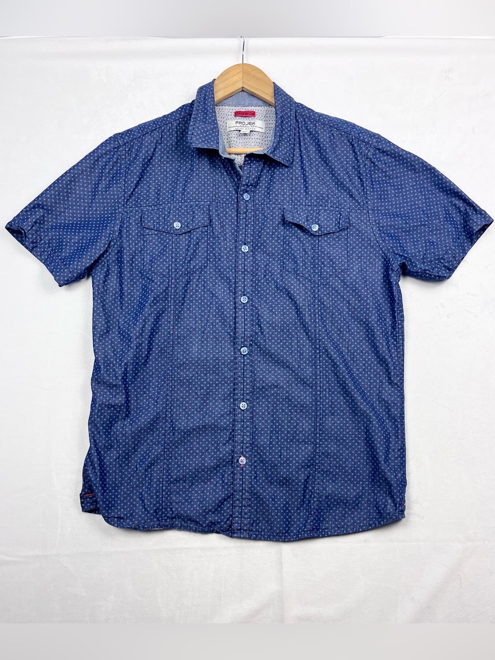 Projek Raw Blue 100% Cotton Geometric Short Sleeve Button-Up Shirt Size Large